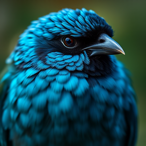 close-up of a vibrant bird with iridescent blue and black feathers, shallow depth of field, 85mm lens, f/1.8 aperture, ISO 200, natural lighting, captured with a DSLR camera