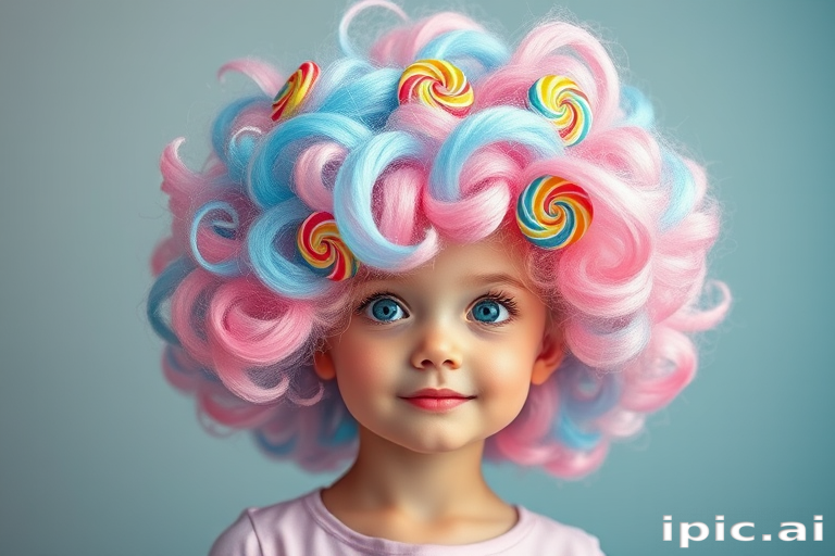 Dreamy cotton candy pink and blue swirls combine in a fluffy, cloud-like afro, adorned with miniature rainbow lollipops for a whimsical candy wonderland effect