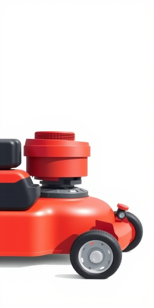 regenerate a high-resolution illustration of a red lawn mower in a modern flat design style, with a clean white background, using a 50mm lens at f/2.8, capturing a side view with soft natural lighting and a focus on detailed textures.