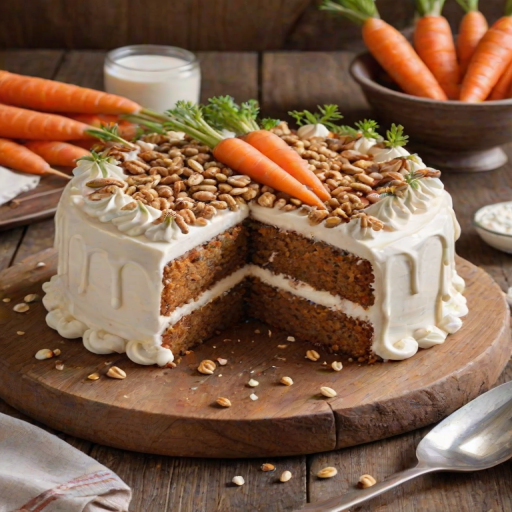 Create an image of a round carrot cake with cream cheese frosting. The cake should be decorated with small, colorful carrot designs made of fondant or icing, and sprinkled with crushed nuts on top. Place the cake on a rustic wooden board, surrounded by fresh carrots and a glass of milk in the background. The setting should have a warm, inviting atmosphere.