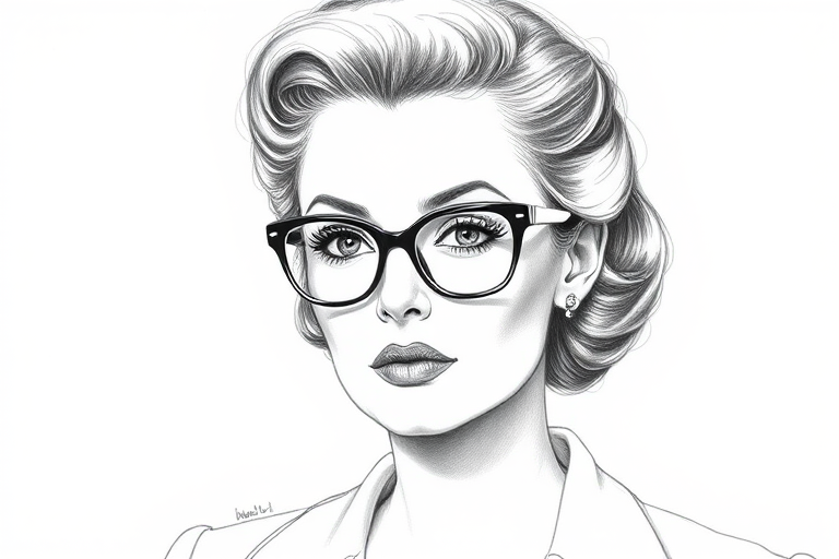Beautiful Bette Davis, pencil sketch, portrait of beautiful woman 60s in glasses, hair style beatnik, outline, clear lines, fine lines, 8k