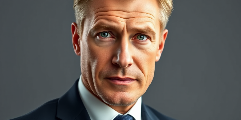 Create a detailed vector illustration of a confident businessman with fair hair and a serious expression, using a Canon EOS R5 with a 50mm lens, f/1.8 aperture, ISO 100, shot in portrait orientation and soft lighting to highlight facial features.