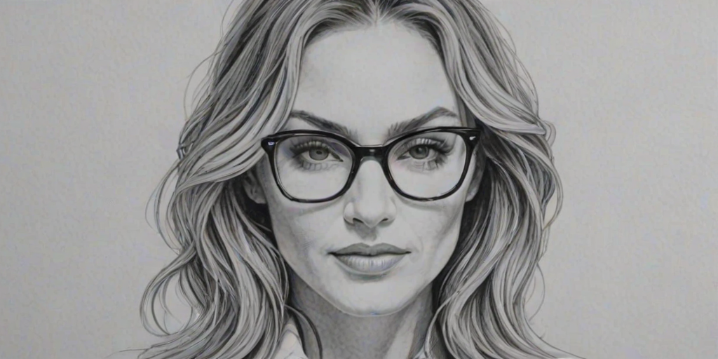 Attractive Drea de Matteo, pencil sketch, portrait of Lovely woman 1955s in glasses, hair style beatnik, outline, clear lines, fine lines, 8k