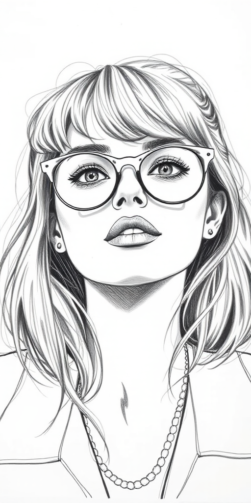 Beautiful Kristen Stewart, pencil sketch, portrait of beautiful woman 60s in glasses, hair style beatnik, outline, clear lines, fine lines, 8k