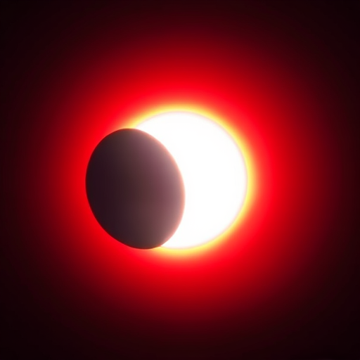 Create an image of a solar eclipse with a dark black circle representing the moon partially covering the bright sun, surrounded by a glowing red corona, captured using a DSLR camera with a 50mm lens, aperture f/2.8, ISO 100, overexposure to enhance brightness, and a shallow depth of field to emphasize the eclipse.