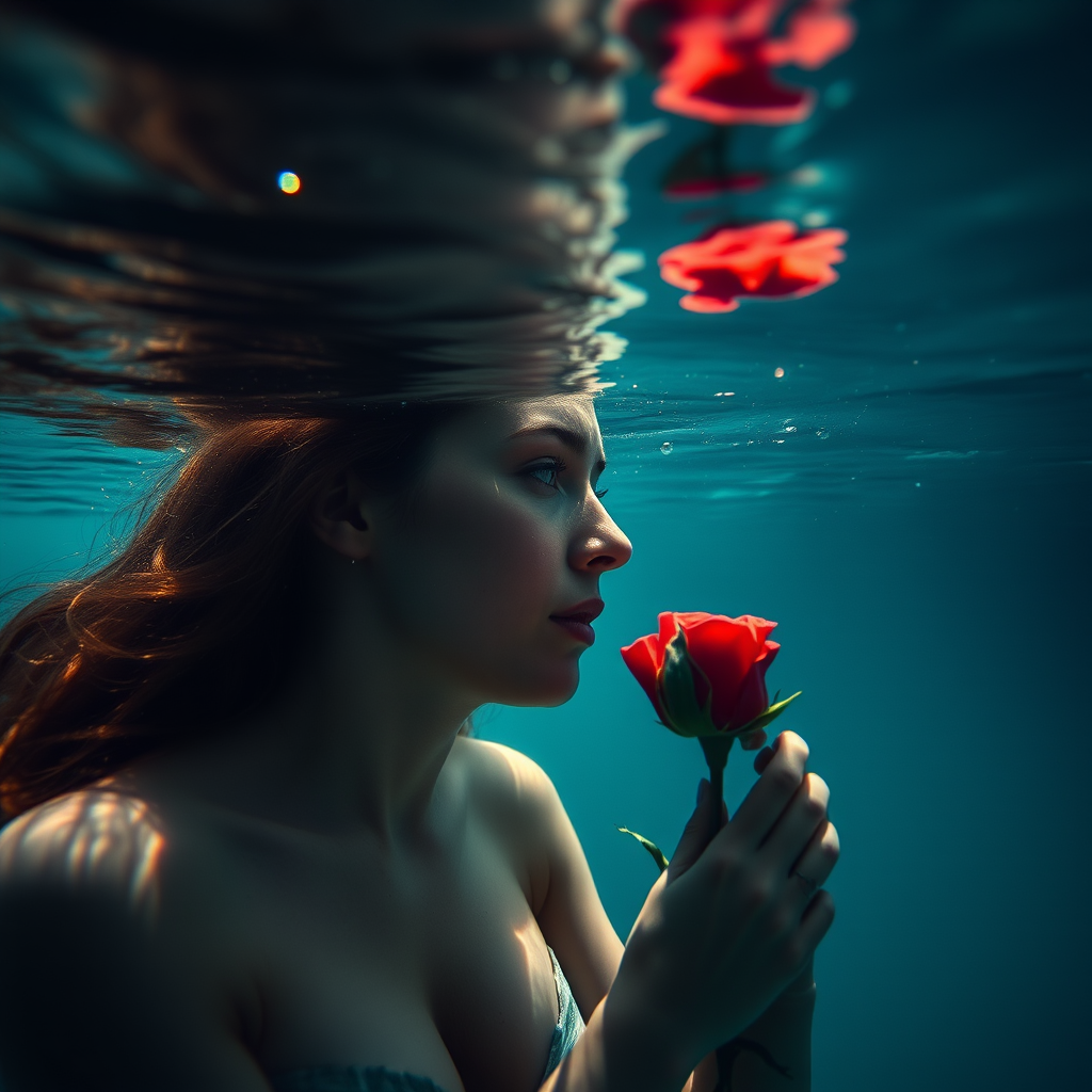 A woman underwater, gazing at a rose Her face is reflected in the water's surface The scene is illuminated by sunlight filtering through the water The atmosphere is serene and contemplative
