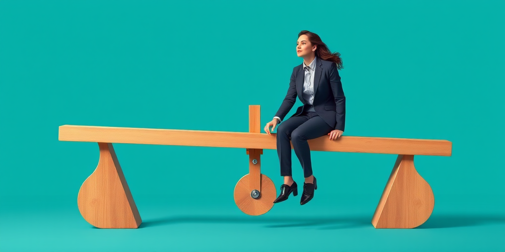 Illustrate a digital vector graphic of a seesaw with a man and a woman in business attire, vibrant background in teal, with high contrast and sharp lines, using a Canon EOS R5 with an aperture of f/8, ISO 100, and a wide-angle lens to capture the full scene.
