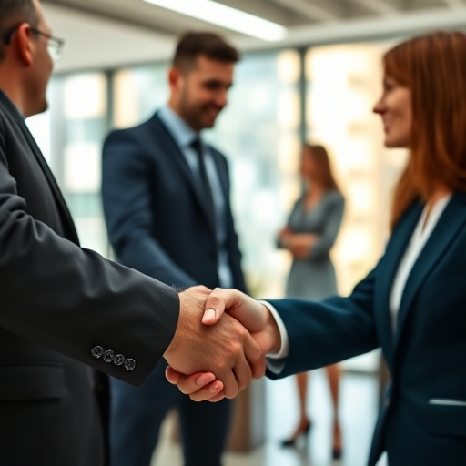 A close-up of two business people shaking hands in a bright office setting, with a shallow depth of field to soften the background, using a DSLR camera at f/2.8, ISO 100, and 1/200s shutter speed for crisp detail and vibrant colors.