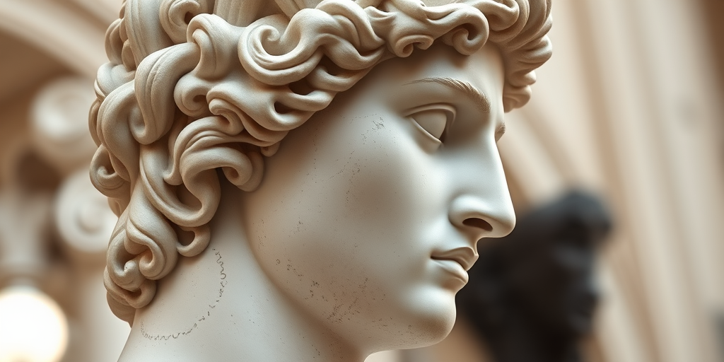 Regenerate a high-resolution image of a classic sculpture in profile with intricate details of the curly hair and facial features, using a DSLR camera with a 50mm lens, f/1.8 aperture, ISO 100, natural lighting, capturing a soft-focus background for depth.