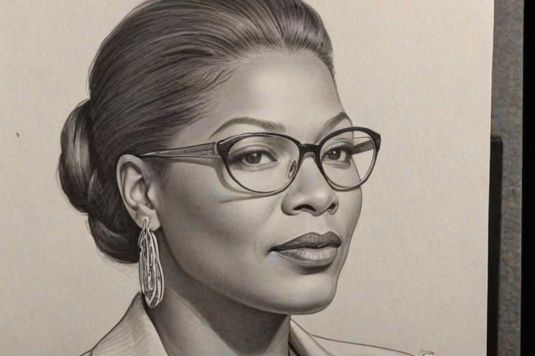 Beauteous Queen Latifah, pencil sketch, portrait of Superb woman 1943s in glasses, hair style beatnik, outline, clear lines, fine lines, 8k