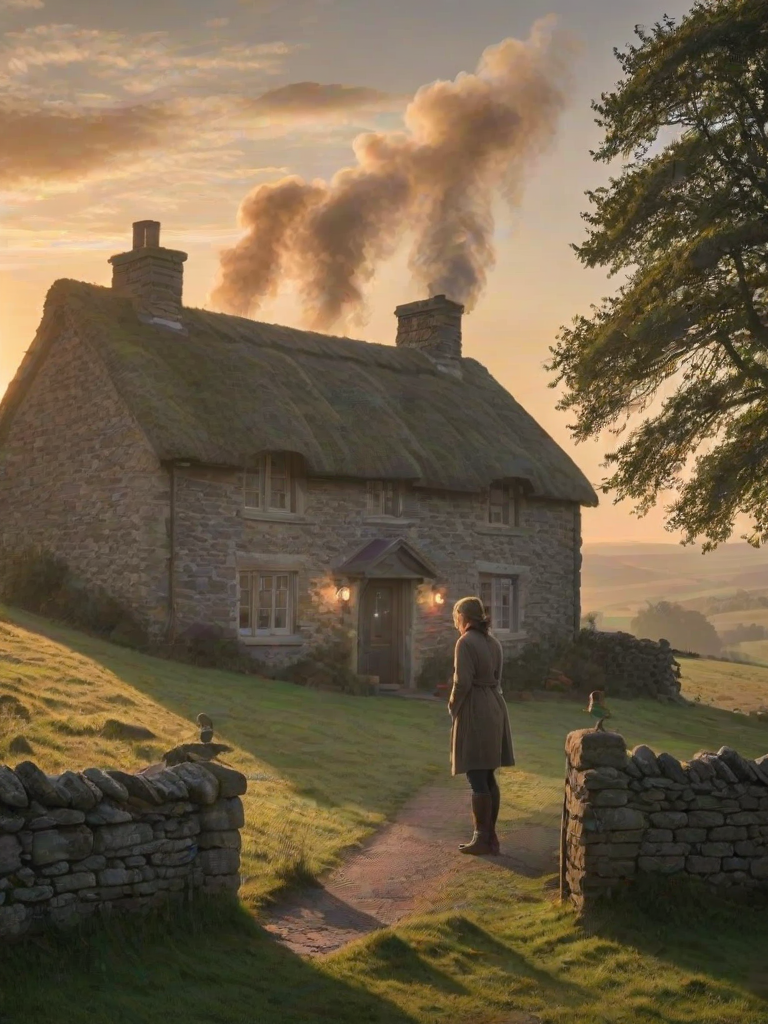 Old stone cottage in the countryside, smoke rising gently from the chimney, a woman stands by the front gate, her hands wrapped around a steaming mug as she watches the sunset over the rolling hills.