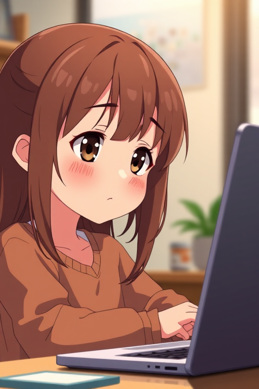 i want the whole image to be created in 3D anime style, 1girl, solo, looking at viewer, blush, brown hair, long sleeves, closed mouth, indoors, blurry, black eyes, child, freckles, head rest, female child, computer, laptop