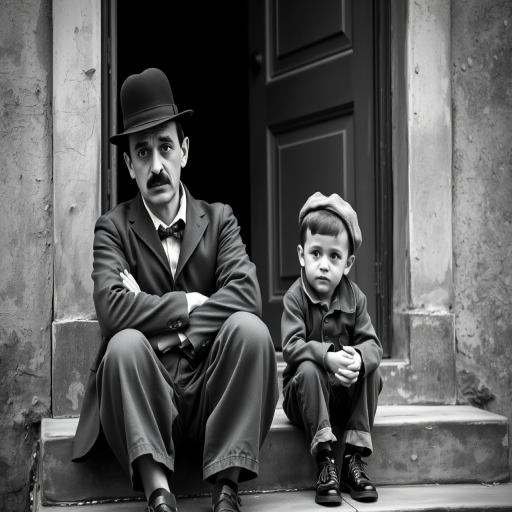 A black-and-white photograph of a man and a child sitting on steps in front of a doorway. The man is dressed as a tramp with a bowler hat, mustache, and ragged clothes, reminiscent of Charlie Chaplin's iconic look. He is sitting with his arms crossed and an expression of slight sadness or frustration. Next to him is a young boy, also in worn clothes and a cap, sitting with his hands clasped, looking thoughtful. The background is an old, textured wall and a partially open door, creating a vintage, early 20th-century atmosphere.