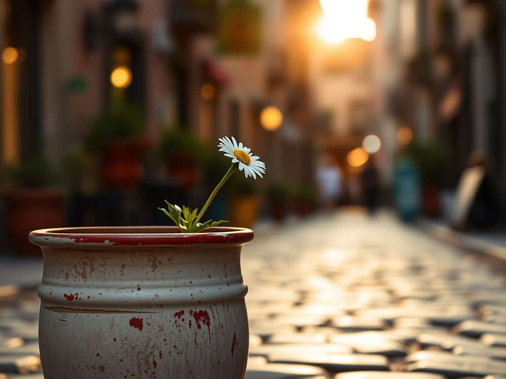 a close-up of a single daisy in a weathered pot on a cobblestone street during golden hour, background softly blurred with warm bokeh, aperture f/2.8, shutter speed 1/200s, ISO 100, 50mm lens, DSLR camera