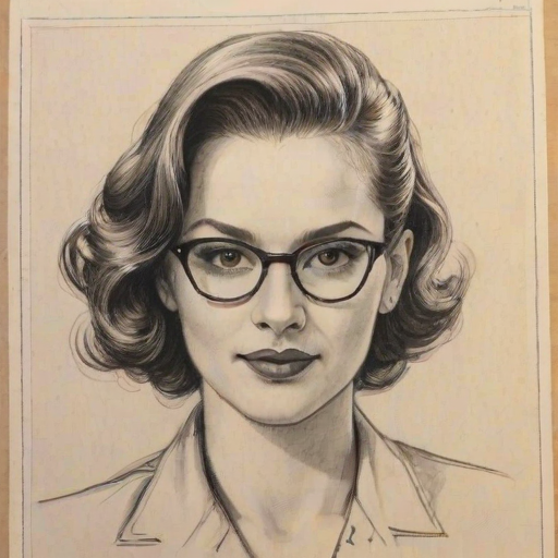 Radiant Jessica Marie Garcia, pencil sketch, portrait of Splendid woman 1937s in glasses, hair style beatnik, outline, clear lines, fine lines, 8k