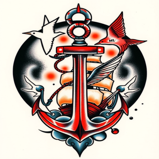 Traditional American tattoo called "Sailor's Legacy" featuring bold outlines thick black shading and bright primary colors depicting classic nautical motifs like anchors ships and swallows
