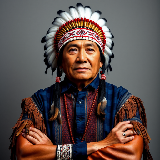Create a dignified portrait of a Native American man dressed in traditional attire. He wears a beautifully crafted headdress adorned with white feathers and red beads, along with a beaded headband featuring intricate patterns. His clothing includes a deep blue, patterned shirt and a traditional chest piece with detailed beadwork. His arms are crossed, displaying leather armbands decorated with feathers. The background is simple and neutral, emphasizing his proud and stoic expression. The overall image captures the rich cultural heritage and strength of his persona.