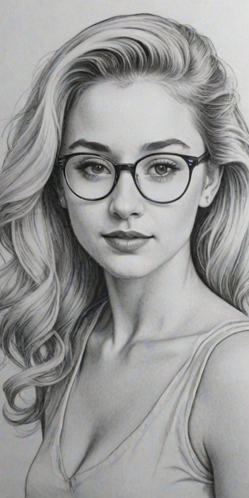 Captivating Chloe Lukasiak, pencil sketch, portrait of Superb woman 1949s in glasses, hair style beatnik, outline, clear lines, fine lines, 8k