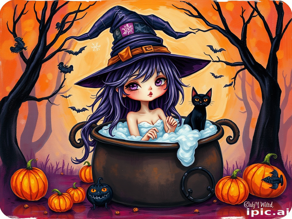 sketch airbrushed, acrylic,a playing card  depicts a Halloween fantasy themed , an adorable whimsical gothic witch with messy purple hair, a patched witch hat, taking her bath sitting in a cauldron, bats, cobwebs, a black cat, in a whimsical forest, a dazzling BG in shades of orange, purple,