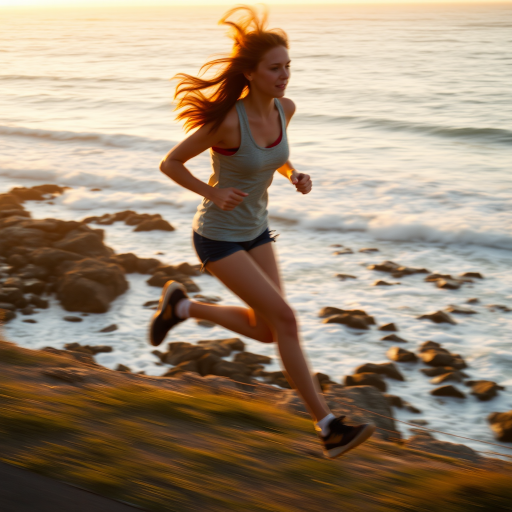 Blurry action shot of a woman sprinting along a coastal path at sunset, waves crashing against the rocks below, with soft golden light casting long shadows and wind whipping her hair back.