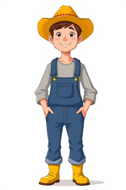 Create a high-resolution illustration of a male farmer character wearing a yellow straw hat, gray shirt, blue overalls, and yellow boots, standing upright with a friendly expression; utilize a DSLR camera setting with ISO 100, aperture f/8, 50mm lens, and a soft focus background for depth.