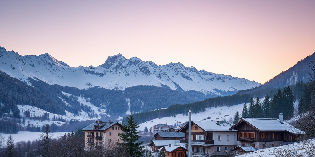 Capture a serene winter landscape in the Dolomites with snow-covered mountains in the background, a quaint village with traditional architecture in the foreground, soft pastel sky during sunset, using a full-frame DSLR camera, 24mm lens, f/8 aperture, ISO 100, 1/60s shutter speed for enhanced clarity and depth.