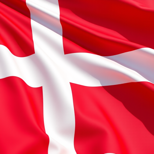 High-resolution image of a waving Danish flag with vibrant red and white colors, captured with a DSLR camera at f/8 aperture, ISO 100, 50mm lens, natural daylight, and a wide-angle view to emphasize the fabric texture.