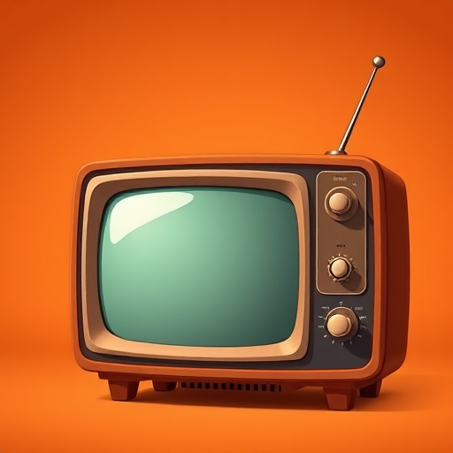 Create a highly detailed vector image of a cartoon vintage television set in warm brown tones with two knobs and antennae, using a 50mm lens, f/2.8 aperture, ISO 100, side view, with high dynamic range for enhanced clarity and color depth.