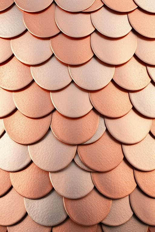 Create a high-resolution texture image of overlapping metallic scales in shades of copper and silver, captured with a Canon EOS 5D Mark IV at f/8, ISO 100, 50mm lens, natural light, top-down view to enhance detail and depth.