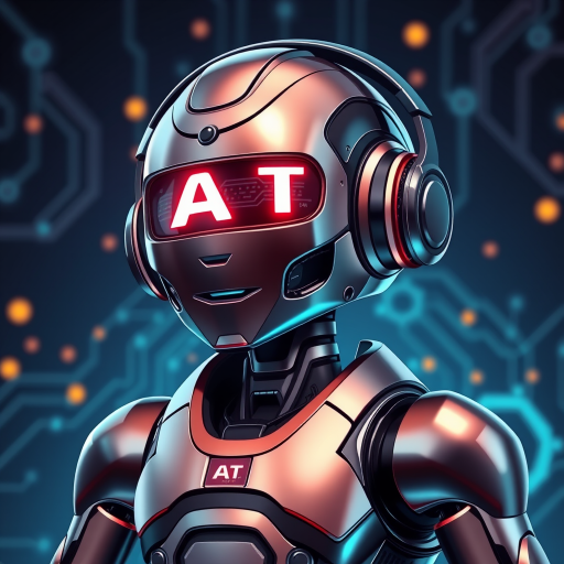 Create an image of a futuristic robot with a sleek metallic design. The robot should have a digital display showing the letters "AT" in bright colors. It is wearing headphones and has an engaging expression. The background should feature abstract tech elements with glowing lights and circuits, conveying a sense of advanced technology and innovation.