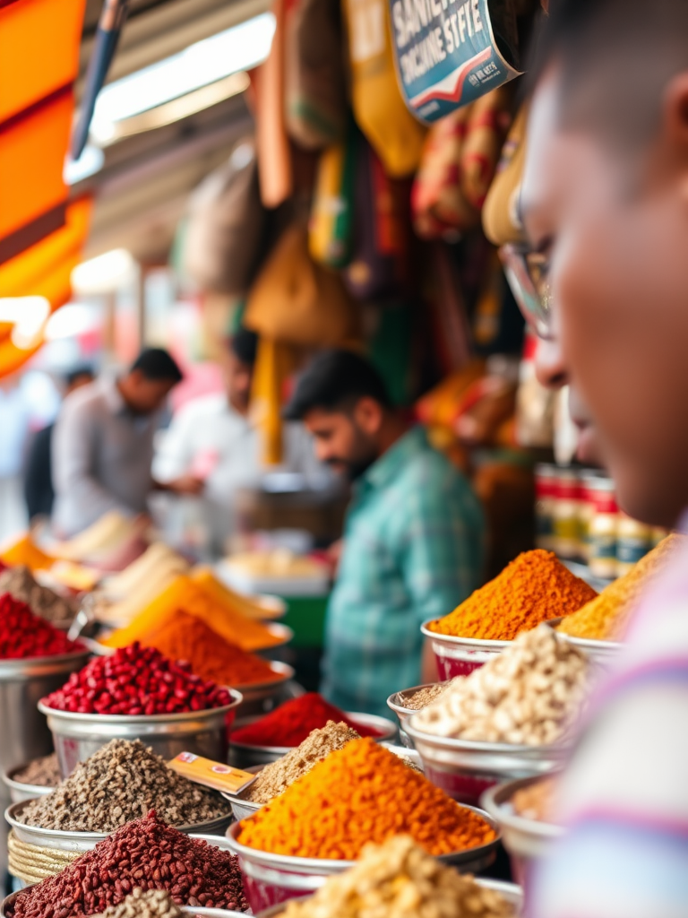 Capture a vibrant market scene with a focus on a spice stall, using a Canon EOS R5, ISO 400, aperture f/2.8, shutter speed 1/60s, 35mm lens, natural light, shallow depth of field, emphasizing the rich colors and textures of the spices and the interaction of a person browsing.