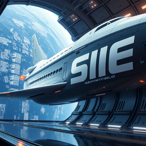 Futuristic space shuttle, large words "SIE" on the side, in landing bay. Hyper-realistic, 4K, HDR,