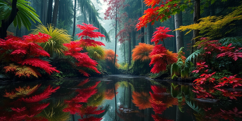 Create a lush, vibrant forest scene during a rain shower with vivid red and green foliage reflected in a tranquil body of water, captured with a DSLR camera at f/2.8, 50mm lens, ISO 100, with a shallow depth of field and an eye-level view, using natural lighting to enhance colors and details.