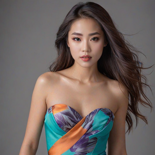 Photographic image of a beautiful young Ryukyuan woman, brown eyes, lips with cyan lipstick, long hair fluttering in the wind and wearing a silk strapless dress with a soft purple and orange print. monochrome image with only color highlights in the iris of the eyes, lipstick and dress. Gray background.