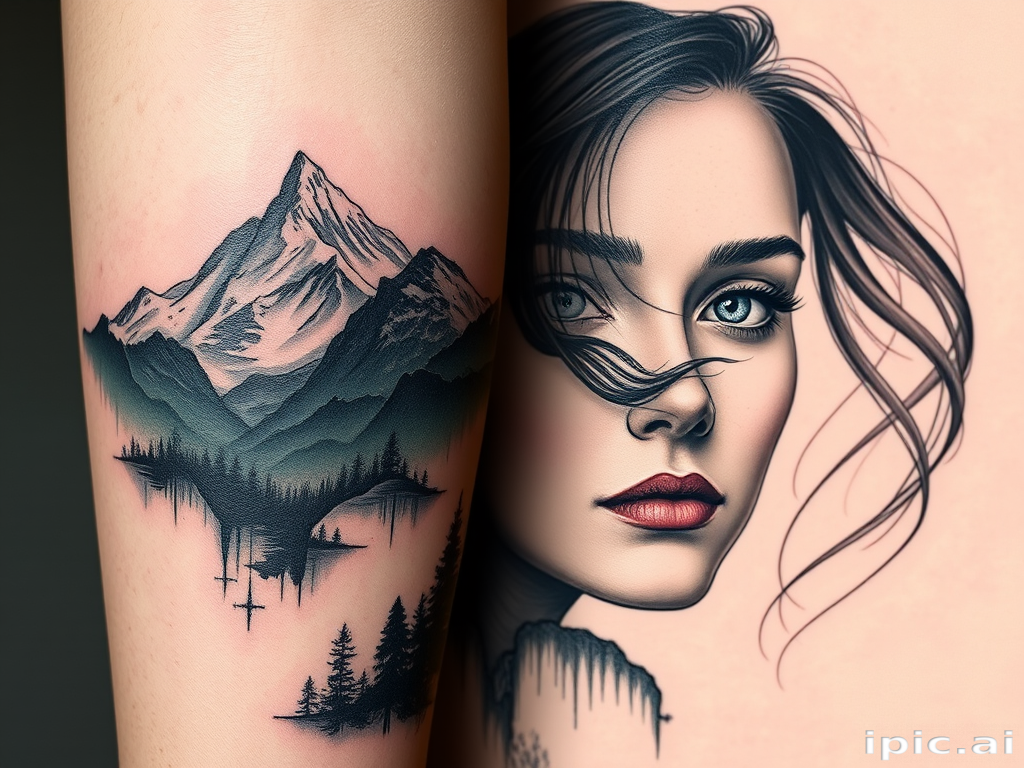 Surrealistic double exposure tattoo titled "Nature's Reverie" blending two distinct images - a majestic mountain landscape and a portrait of a contemplative face - seamlessly merged together to create a dreamlike scene where the boundaries between human and nature blur, utilizing fine linework and subtle shading to achieve a haunting and thought-provoking design
