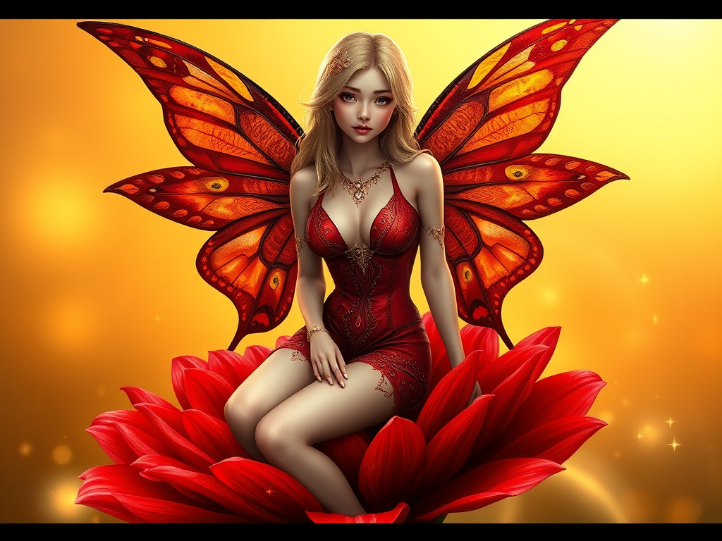 A digital artwork features a winged fairy with delicate Scarlet butterfly wings, adorned with intricate Kiwi andOrange patterns. She is seated on a vibrant Charcoal flower, wearing a revealing red two-piece outfit with sparkling beadwork. Her fair skin, long blonde hair, and gold jewelry add to her ethereal appearance. The background is a warm, golden gradient, creating a magical atmosphere. Small glowing orbs and sparkles surround the flower, enhancing the enchanting, highly detailed, and realistic scene.
