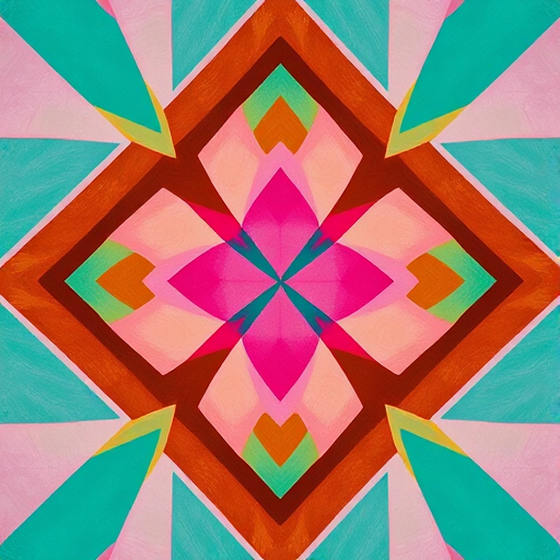 create a vibrant geometric pattern featuring a diamond shape with teal, brown, pink, and light green colors, shot with a Canon EOS R5 at f/8, ISO 100, 24mm lens in macro view for high detail and sharpness