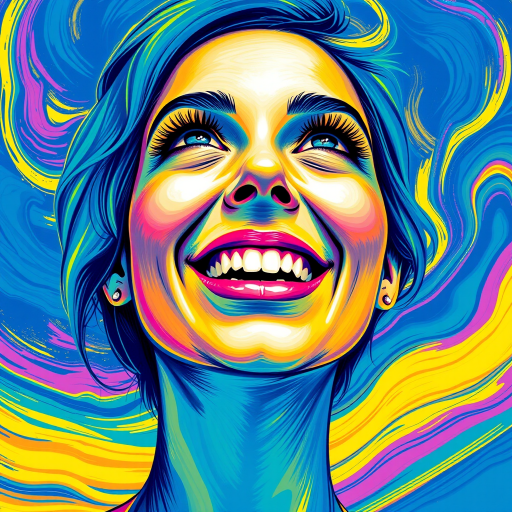 Generate a psychedelic portrait of a woman's happy face with brushstrokes of a woman smiling and looking up at the sky, emphasizing bright and bold colors. The dominant color should be deep blue, with swirling patterns of yellow, green, pink, purple and orange. open blue eyes with long eyelashes, apply an orange-yellow eyeshadow for a mesmerizing effect.