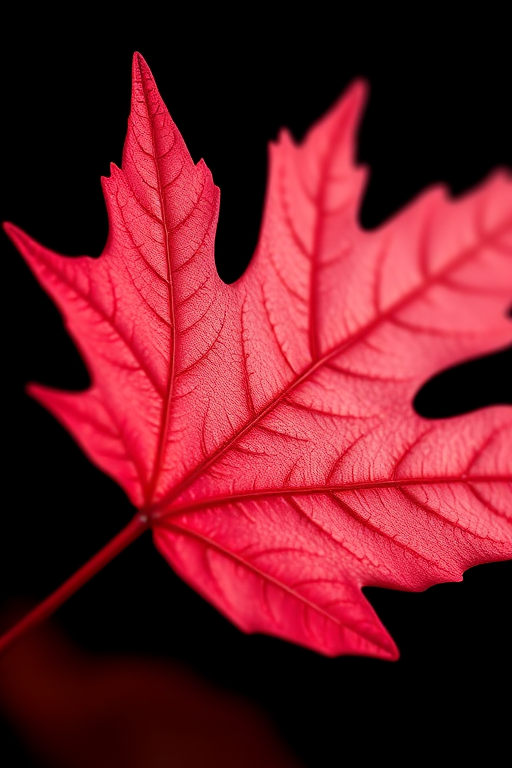 ultra-detailed macro photograph of a vibrant red maple leaf against a black background, using a DSLR camera with a 100mm f/2.8 macro lens, aperture set to f/11, ISO 100, shutter speed 1/200s, natural soft lighting to enhance texture and color depth