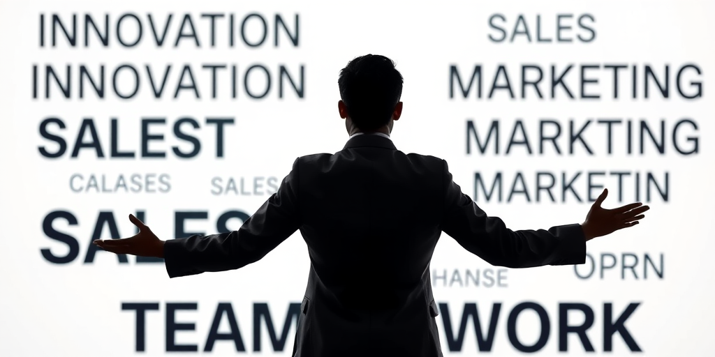 Create an image of a silhouetted business professional with arms outstretched, surrounded by large, bold words like innovation, sales, marketing, and teamwork on a plain white background, shot with a DSLR camera at f/2.8, 50mm lens, ISO 100, with a shallow depth of field for enhanced focus and clarity.