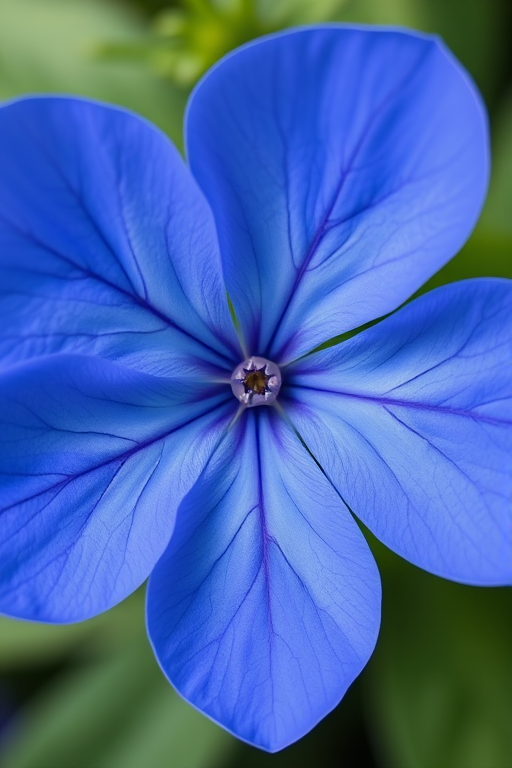 Create a high-resolution image of a blue flower with five petals, featuring intricate leaf patterns on each petal, shot with a DSLR camera at f/2.8 aperture, ISO 100, and a focal length of 50mm, from a top-down view with soft natural lighting for enhanced detail and clarity.