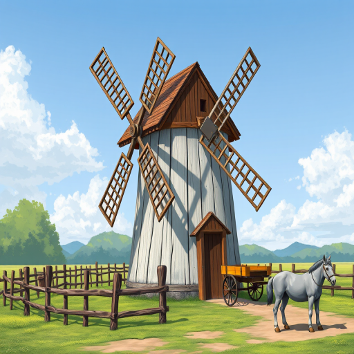 Create a high-resolution illustration of a traditional windmill with four large blades, featuring a wooden structure painted white with a brown roof, surrounded by a wooden fence, a yellow cart, and a gray horse, using a DSLR camera with a 50mm lens at f/8, ISO 200, 1/100s, shot from a slightly elevated perspective to capture a scenic view.