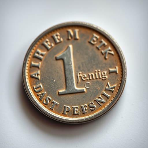 Generate an image of a 1 Pfennig coin, using a macro lens, with a shallow depth of field, f-stop 2.8, ISO 100, and a soft lighting setup, shot from a top-down perspective to emphasize details and texture.