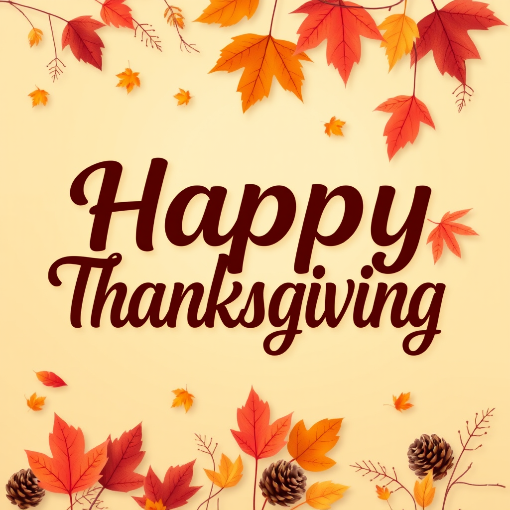 Create a warm and festive autumn-themed image with a gradient background of orange and yellow hues. Include a variety of falling leaves in shades of red, orange, and brown. In the center, display the text "Happy Thanksgiving" in a stylish and inviting font, using a dark brown color for contrast. Add subtle decorative elements like pine cones and additional leaves for a cozy, seasonal feel.