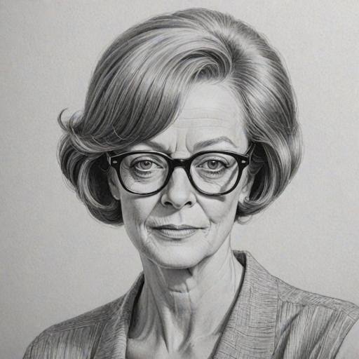 Beautiful Maggie Smith, pencil sketch, portrait of beautiful woman 60s in glasses, hair style beatnik, outline, clear lines, fine lines, 8k