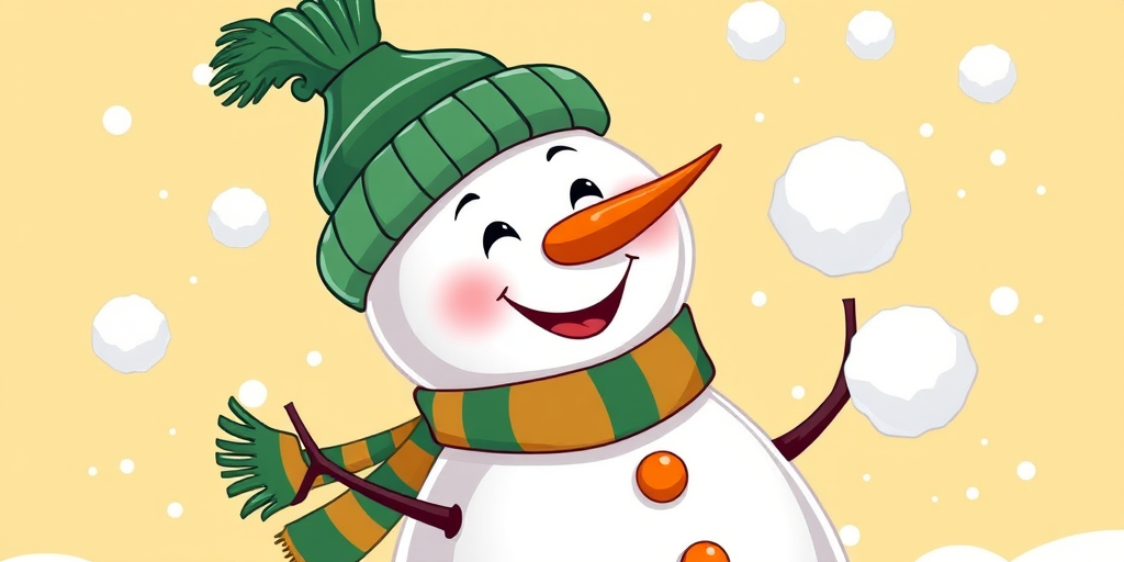 Illustrate a cheerful snowman wearing a green hat and striped scarf, playfully tossing snowballs, with a soft yellow background, captured with a DSLR camera at f/4, ISO 100, 50mm lens, in a vibrant cartoon style.