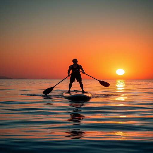 paddleboarder on calm ocean water at sunset with sparkling reflections, ISO 100, f/8, 1/1000s, wide-angle lens, shot from a low angle to capture the silhouette against a shimmering background