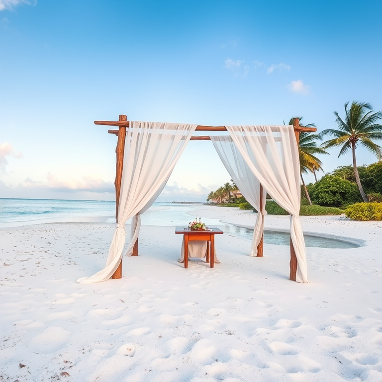 Create a picturesque tropical beach scene featuring a serene, white sandy shore. In the foreground, there's a rustic wooden canopy with white drapes gently flowing in the breeze. Underneath the canopy, a table is set with tropical decor, evoking a sense of relaxation and leisure. The beach extends into a calm, shallow water area with reflections of the sky and surroundings. Palm trees and lush greenery line the edge of the beach, providing a natural, tropical backdrop. The sky is clear with a few scattered clouds, and the overall atmosphere is tranquil and inviting, perfect for a peaceful retreat.