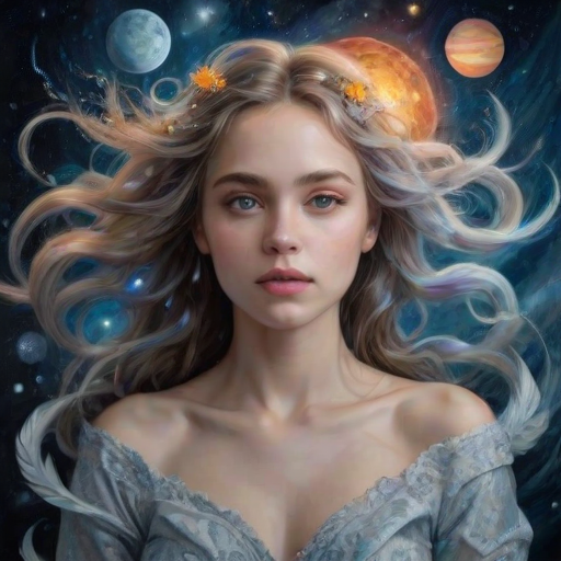 Create a series of imaginative portraits where each subject is infused with elements of fantasy and nature. The hair of the individuals should flow like clouds, varying from soft, fluffy cumulus to wispy cirrus strands, with hints of color reflecting a sunset or a clear blue sky. The eyes should be windows to entire galaxies, with stars, nebulae, and distant planets visible within them. Clothing should be adorned with nature motifs, such as floral patterns that bloom and change, vines that seem to grow and wrap around, or feathers that shimmer with iridescence. Each portrait should capture a unique personality, blending human features with the ethereal beauty of the natural and cosmic world. The backgrounds can vary, from starry night skies to enchanted forests, adding depth and context to the magical realism of the portraits