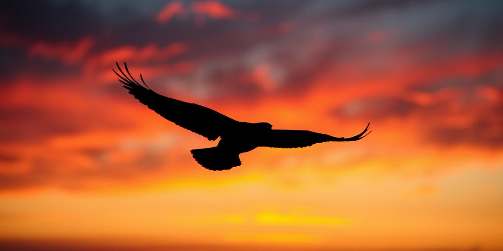 Create a high-resolution image of a silhouette of a bird in flight against a sunset background with vibrant colors, using a DSLR camera at f/8 aperture, ISO 200, 1/500 sec shutter speed, shot in landscape orientation with a telephoto lens for enhanced detail.